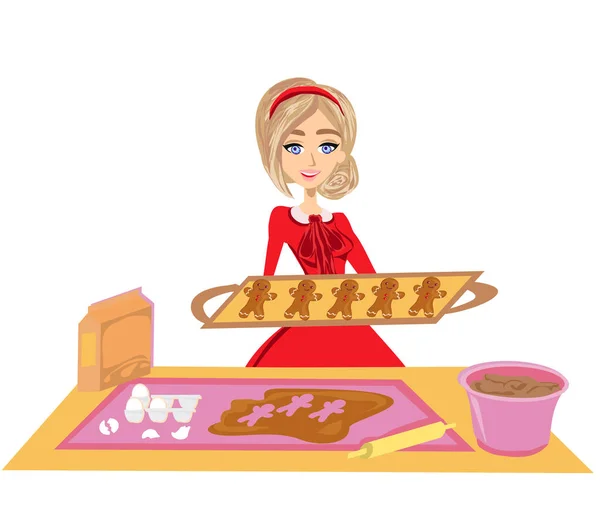 Beautiful Housewife Bakes Gingerbread Christmas Cookies — Stock Vector