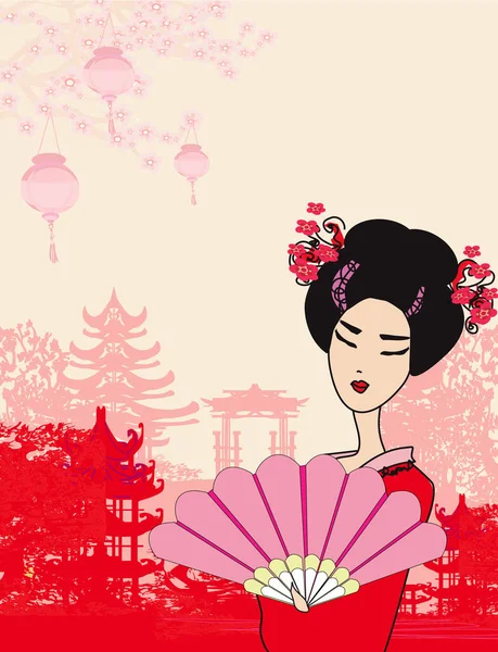 アジアの女の子と抽象的な風景 中国の旧正月のお祝い — ストックベクタ