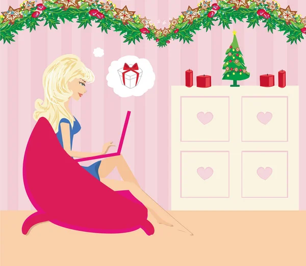 圣诞节网上购物 漂亮的女孩在家里放松 — 图库矢量图片