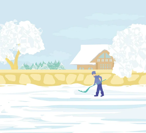 人在一个美丽的冬日铲雪 — 图库矢量图片