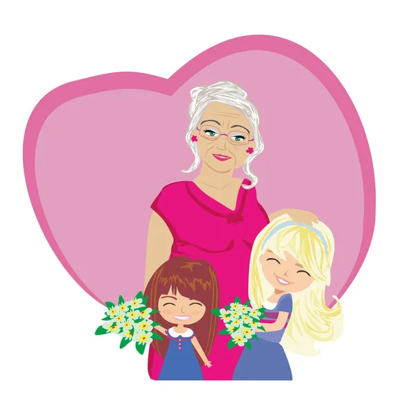 Happy Grandmas Day Happy Grandmother Hugs Her Granddaughters — Stock Vector