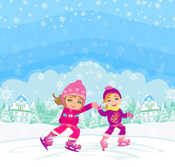 Mutlu Çocuklar Kış Günü Buz Pateni Yapıyor — Stok Vektör