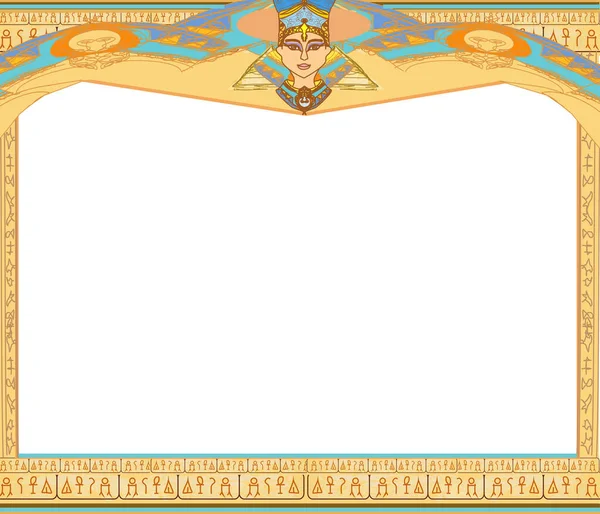Vintage Card Decorative Frame Hieroglyphs Egyptian Queen — Wektor stockowy