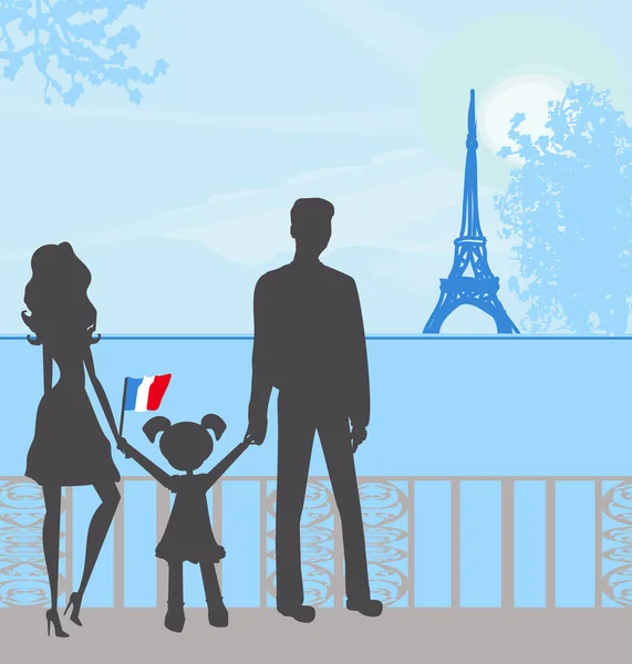 Силует Щасливої Сім Відвідує Париж — стоковий вектор