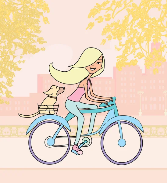 Fille Heureuse Vélo Avec Son Chien — Image vectorielle