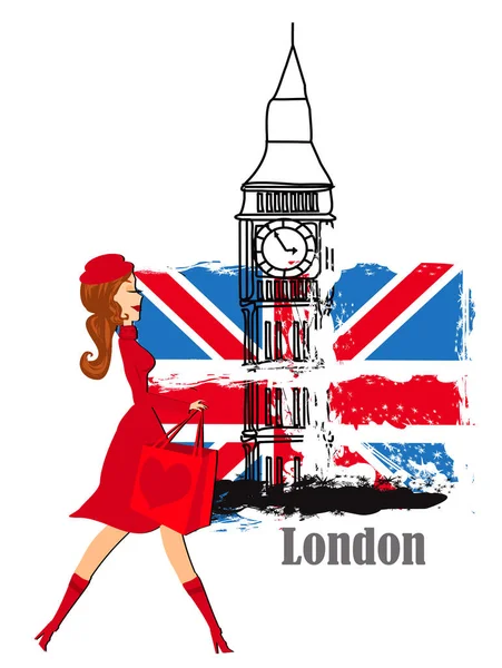 Krásná Elegantní Žena Nakupování Londýně Banner Izolovaném Pozadí — Stockový vektor