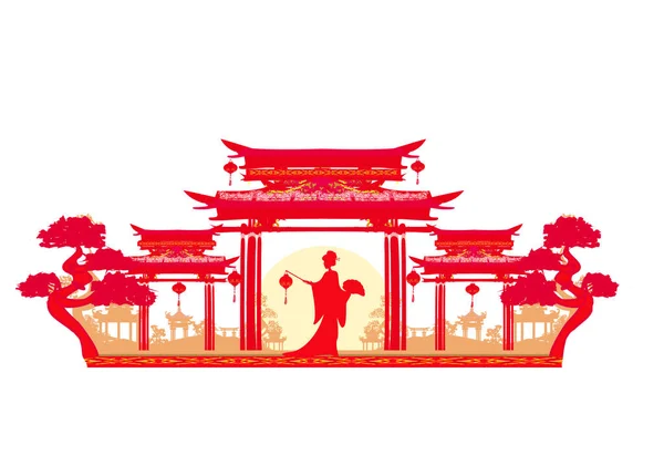Abstrait Asiatique Paysage Asiatique Fille — Image vectorielle