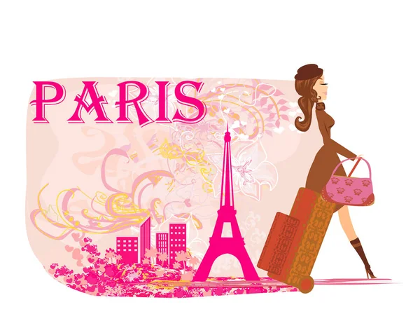 Όμορφο Κομψό Κορίτσι Ταξιδιώτη Στο Παρίσι — Διανυσματικό Αρχείο