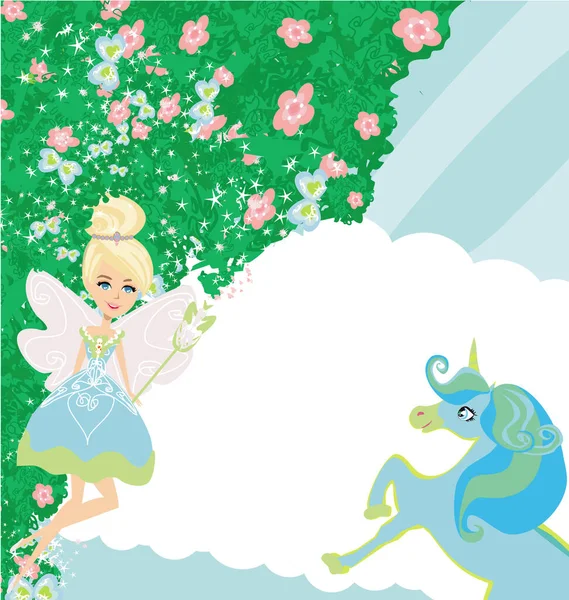 迷人的仙女 有魔杖和可爱的独角兽 美丽的花框 — 图库矢量图片