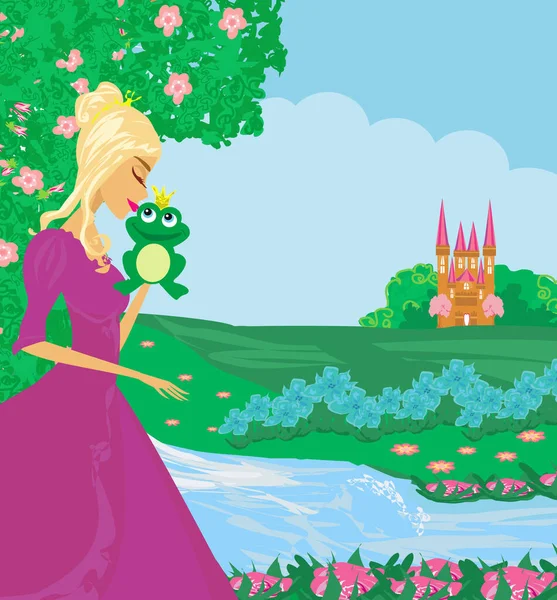 美丽的公主吻着一只大青蛙 — 图库矢量图片