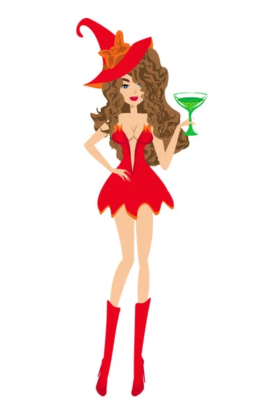 Bruxa Menina Sexy Bonita Vestido Vermelho Ilustração Isolada Fundo —  Vetores de Stock