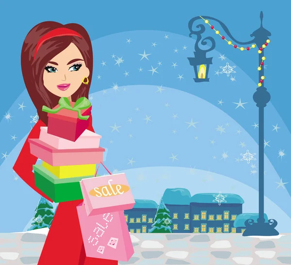 Beautiful Woman Doing Christmas Shopping — Stock Vector
