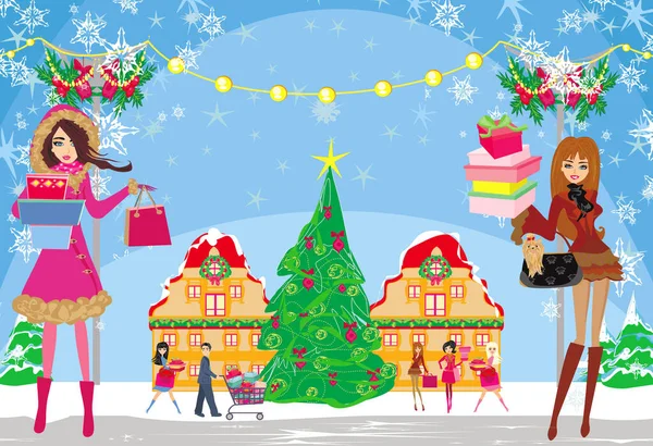 Shopping Noël Groupe Personnes Faisant Shopping Dans Ville Carte — Image vectorielle