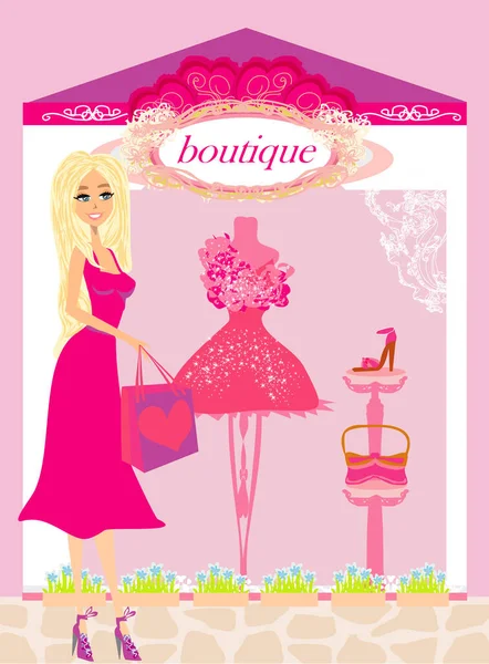 Stylish Beautiful Blonde Girl Shopping Boutique — Stock Vector