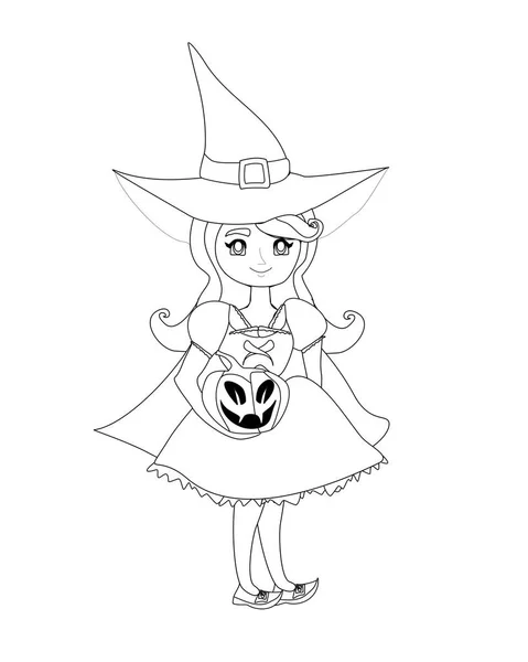 Sweet Witch Standing Pumpkin Isolated Character Coloring Book — Stock Vector