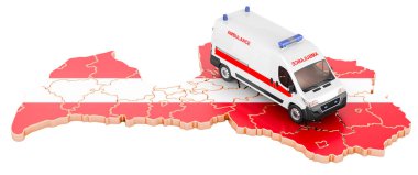 Letonya 'da acil sağlık hizmetleri. Letonya haritasında ambulans minibüsü. Beyaz arkaplanda 3B görüntüleme izole edildi