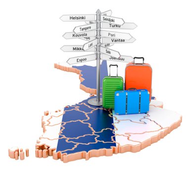 Finlandiya seyahat konsepti. Haritada bavullu ve tabelalı Fin bayrağı, beyaz arkaplanda 3 boyutlu görüntüleme