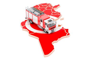Tunus 'taki itfaiye departmanı. Tunus haritasında itfaiye kamyonu. Beyaz arkaplanda 3B görüntüleme izole edildi