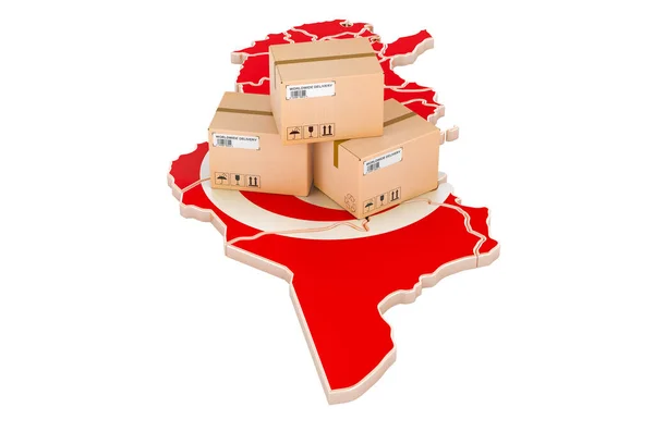 チュニジア地図上の小包 チュニジアでの出荷 コンセプト 白い背景に隔離された3Dレンダリング — ストック写真