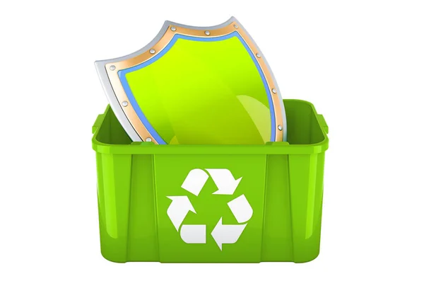 Reciclagem Lixeira Com Escudo Renderização Isolada Fundo Branco — Fotografia de Stock