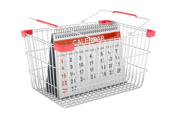 デスクカレンダー付きのショッピングバスケット 白い背景に隔離された3Dレンダリング — ストック写真