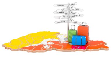 Butan seyahat konsepti. Haritada bavulları ve tabelaları olan Bhutanese bayrağı, beyaz arkaplanda 3 boyutlu görüntüleme