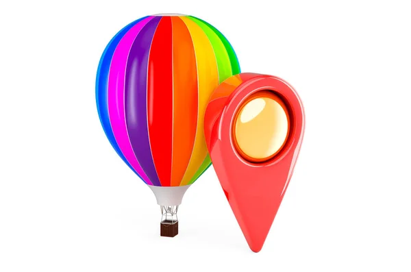 マップポインタ付き熱気球 白い背景に隔離された3Dレンダリング — ストック写真