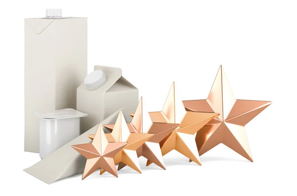 Embalaje Para Productos Lácteos Jugos Con Cinco Estrellas Doradas Representación — Foto de Stock