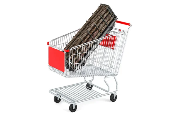 Shopping Cart Goods Wagon Full Wooden Logs Rendering Isolated White — Stock Photo, Image