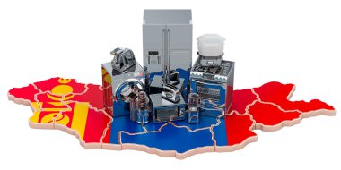 Moğolistan haritasında mutfak ve ev aletleri var. Üretim, alışveriş ve teslimat konsepti. Beyaz arkaplanda 3B görüntüleme izole edildi