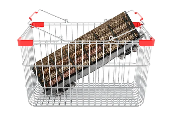 Shopping Basket Goods Wagon Full Wooden Logs Rendering Isolated White — Stock Photo, Image
