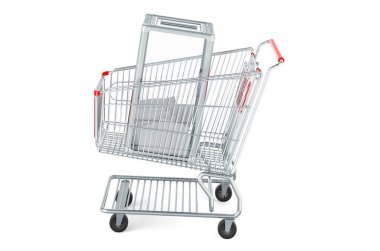 Oy sandığına sahip alışveriş arabası, beyaz arkaplanda 3 boyutlu görüntüleme