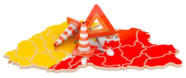 交通コーンと警告の三角形とブータンの地図 白い背景に隔離された3Dレンダリング — ストック写真