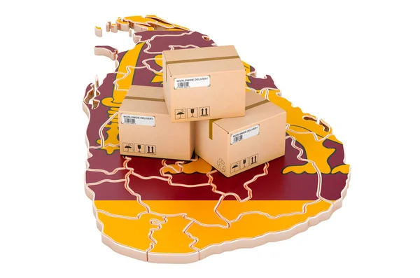 スリランカ地図上の小包 スリランカでの出荷 コンセプト 白い背景に隔離された3Dレンダリング — ストック写真