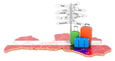 Letonya seyahat konsepti. Haritada bavullu ve tabelalı Letonya bayrağı, beyaz arkaplanda 3 boyutlu görüntüleme