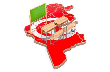 Tunus 'ta eğitim, konsept. Tunus haritasında okul sıraları ve karatahta. Beyaz arka gruplandırmada 3B görüntüleme