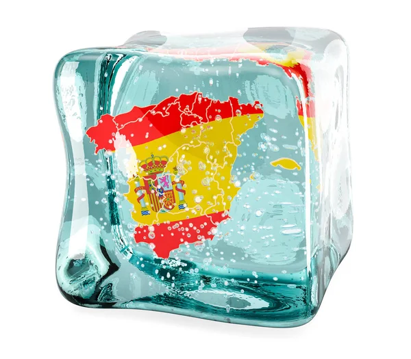 Spanish Map Frozen Ice Cube Rendering Isolated White Background — Stock Photo, Image