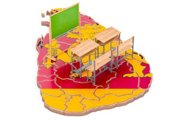 Sri Lanka 'da eğitim, kavram. Sri Lanka haritasında okul sıraları ve karatahta. Beyaz arkaplanda 3B görüntüleme izole edildi