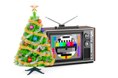 Yılbaşı ağacı olan Retro TV seti. Beyaz arkaplanda 3B görüntüleme izole edildi