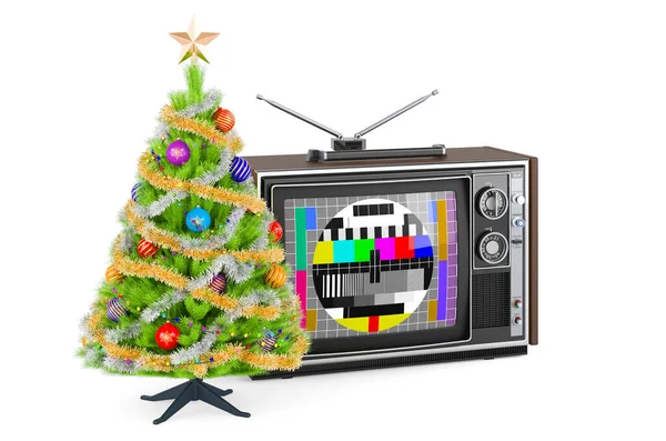 クリスマスツリーとレトロテレビセット 白い背景に隔離された3Dレンダリング — ストック写真