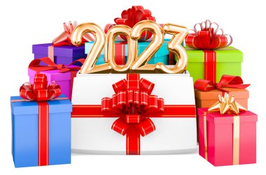 Hediye Kutuları 2023, Yeni Yıl ve Noel konsepti. Beyaz arkaplanda 3B görüntüleme izole edildi