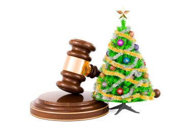 Noel ağacıyla ahşap Gavel. Beyaz arkaplanda 3B görüntüleme izole edildi