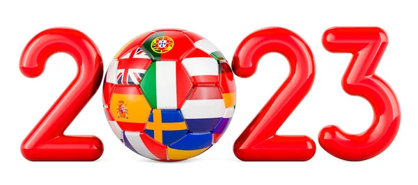 欧州選手権2023のコンセプト ヨーロッパの旗を持つサッカーボール 白い背景に隔離された3Dレンダリング — ストック写真