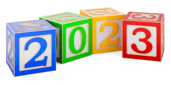 幸せな新年2023アルファベット木製ブロックコンセプト 白い背景に隔離された3Dレンダリング — ストック写真