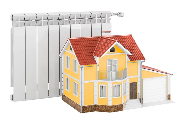 家と暖房ラジエーター 白い背景に隔離された3Dレンダリング — ストック写真