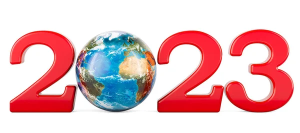 Nieuwjaar 2023 Met Earth Globe Concept Rendering Geïsoleerd Witte Achtergrond — Stockfoto