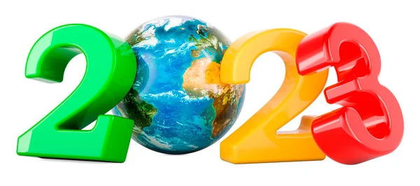 Año Nuevo 2023 Coloreado Con Concepto Earth Globe Renderizado Aislado — Foto de Stock