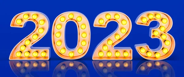 2023由金色灯泡制成的标牌 复古发光字体 蓝色背景的3D渲染 — 图库照片