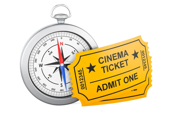 コンパス付きの映画チケット 白い背景に隔離された3Dレンダリング — ストック写真