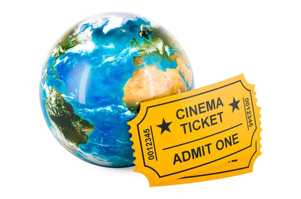 Biglietti Del Cinema Con Earth Globe Rendering Isolato Sfondo Bianco — Foto Stock
